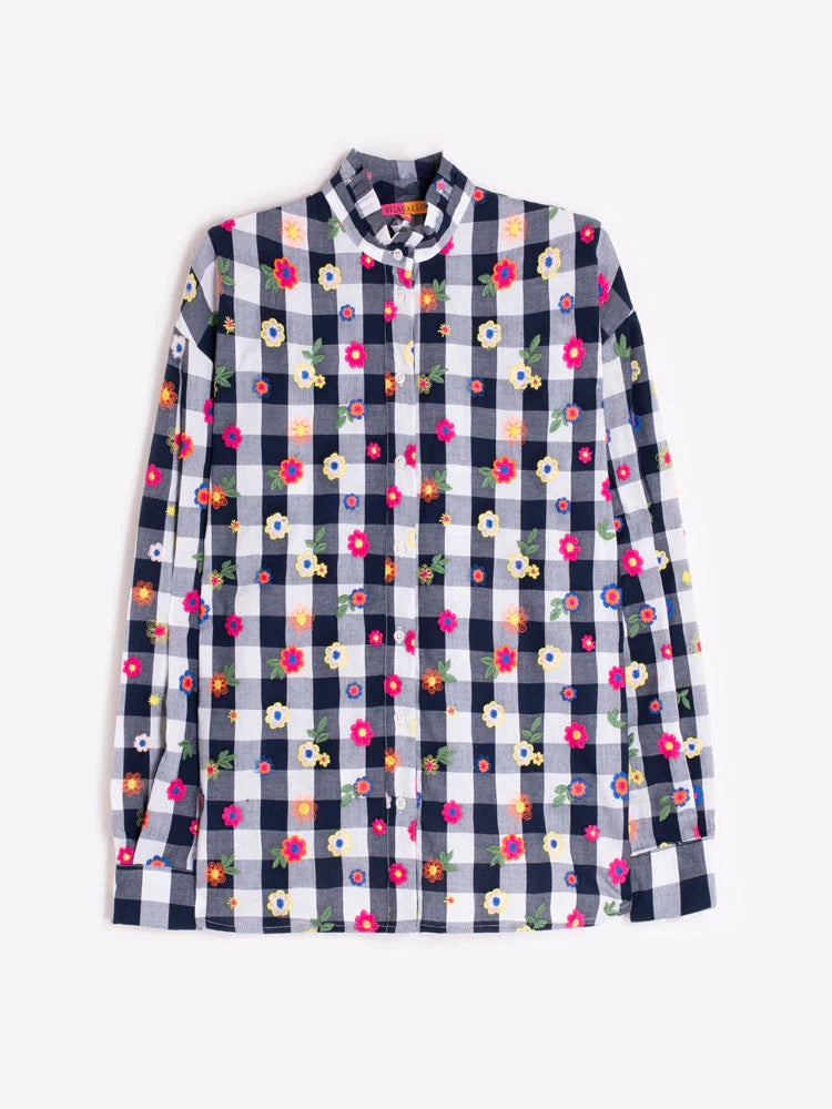 Vilagallo 32904 Navy Check Blouse with Floral Detail