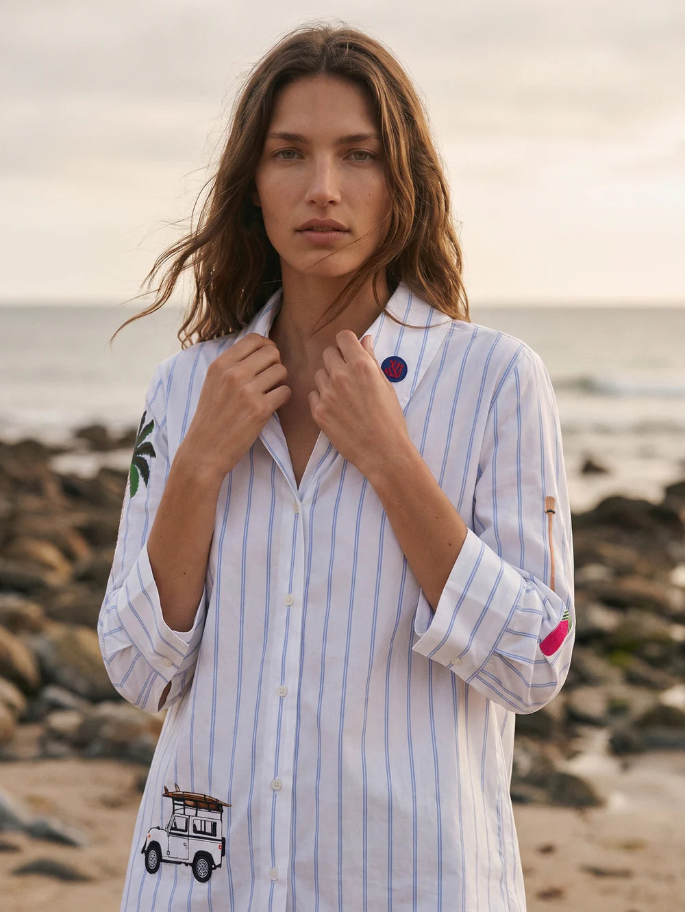 Vilagallo 33292 White Shirt with Blue Stripes and Surf Embroidery