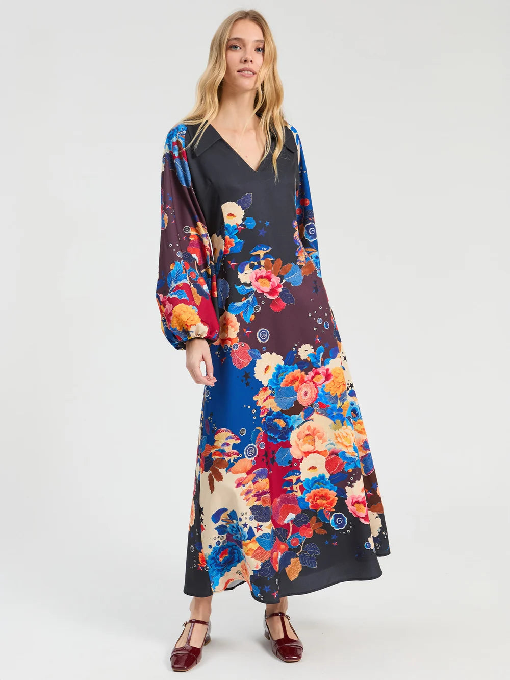 Vilagallo 34189 Blue Multicolor Long Dress with Flowers and Mushrooms