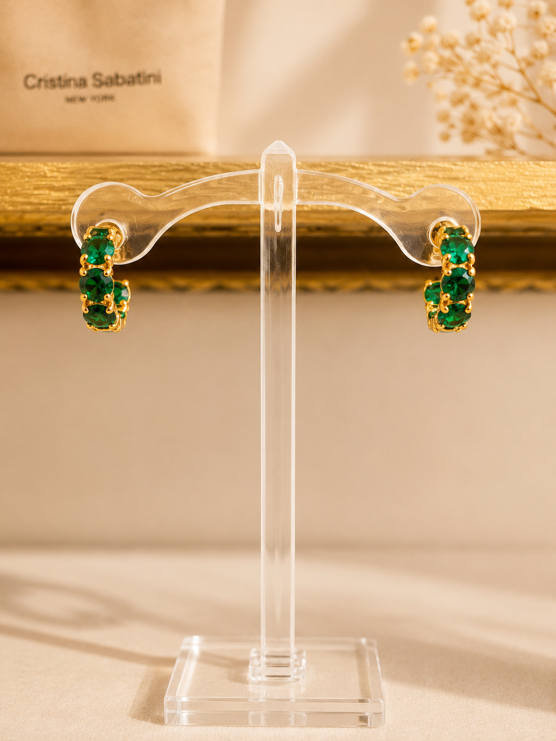Green Jewel Hoop Earrings Gold