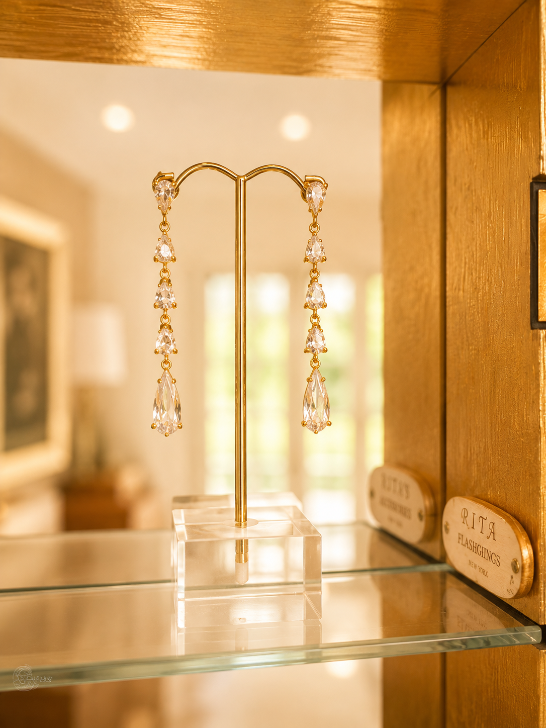 Gold Drop Earrings with Crystal