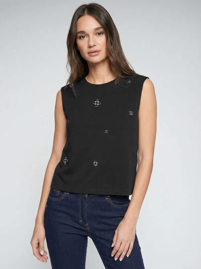 Vilagallo 33258 Navy Sleeveless Top Embroidered with Rhinestones