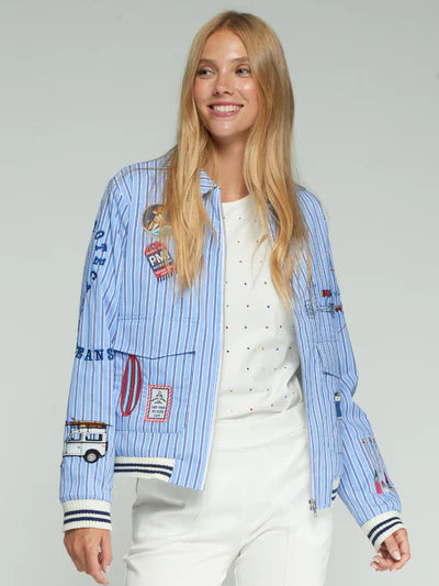 Vilagallo 33207 Blue Striped Bomber Jacket Surf Embroidery