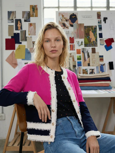 Vilagallo 33472 Fushia and Navy Cardigan with Frayed Trim