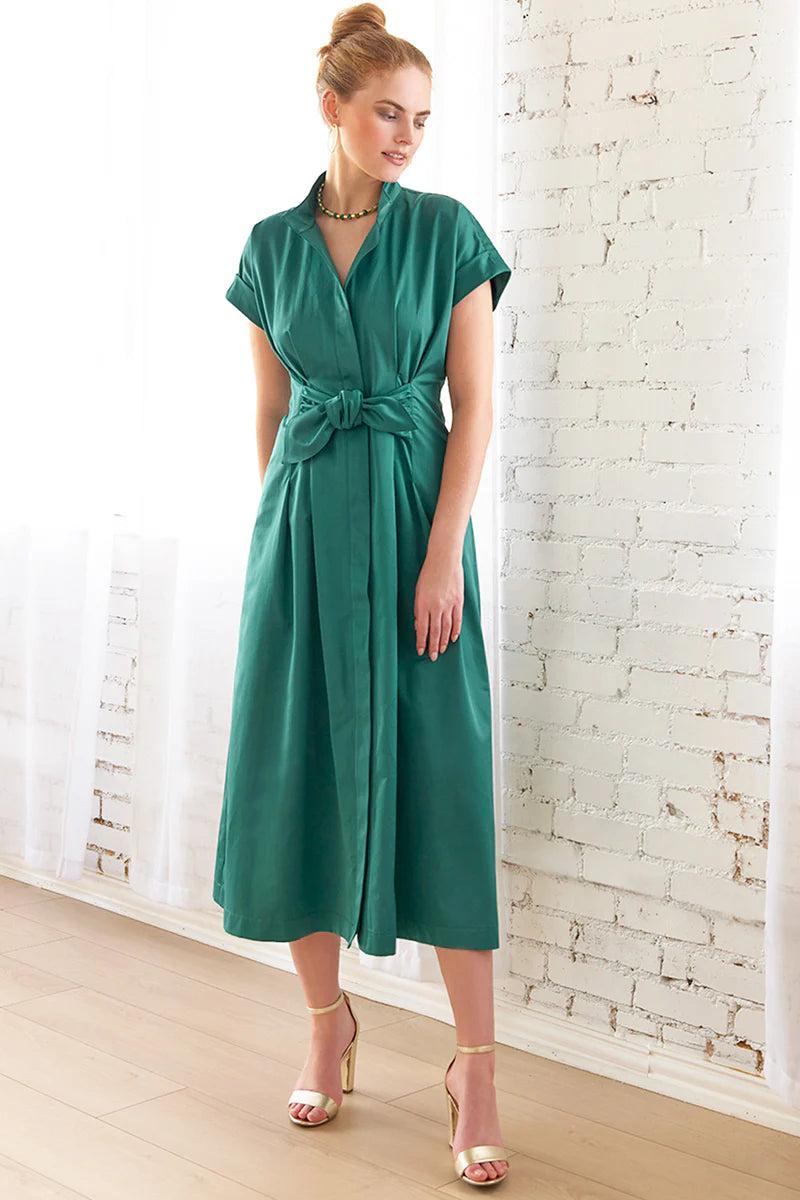Finley Long Rocky Emerald Green Cotton/Poly Tie Front Shirt Dress with Fit-and-Flare Shape 3429105S