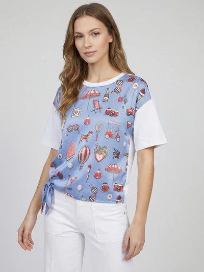 Vilagallo 33355 Blue T-Shirt with Vintage Print and Side Bow