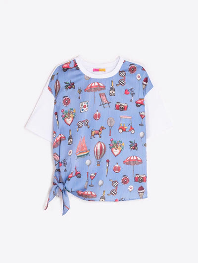 Vilagallo 33355 Blue T-Shirt with Vintage Print and Side Bow