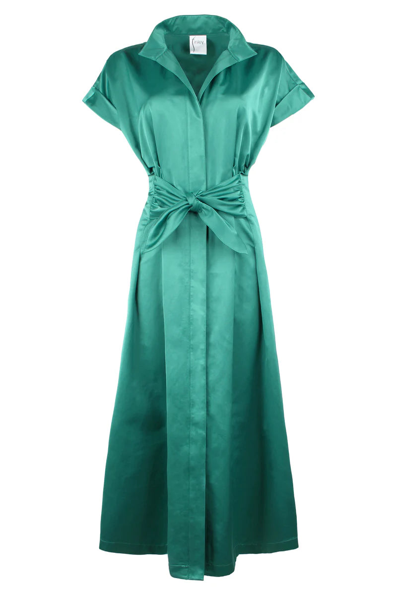 Finley Long Rocky Emerald Green Cotton/Poly Tie Front Shirt Dress with Fit-and-Flare Shape 3429105S
