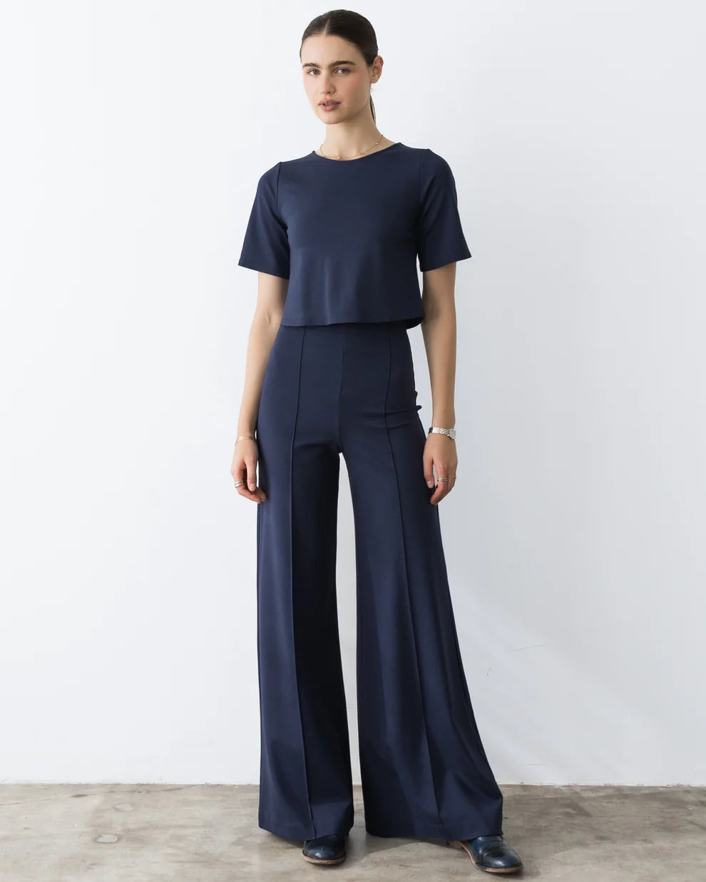 Ripley Rader Navy Ponte Knit Long Wide Leg Pant