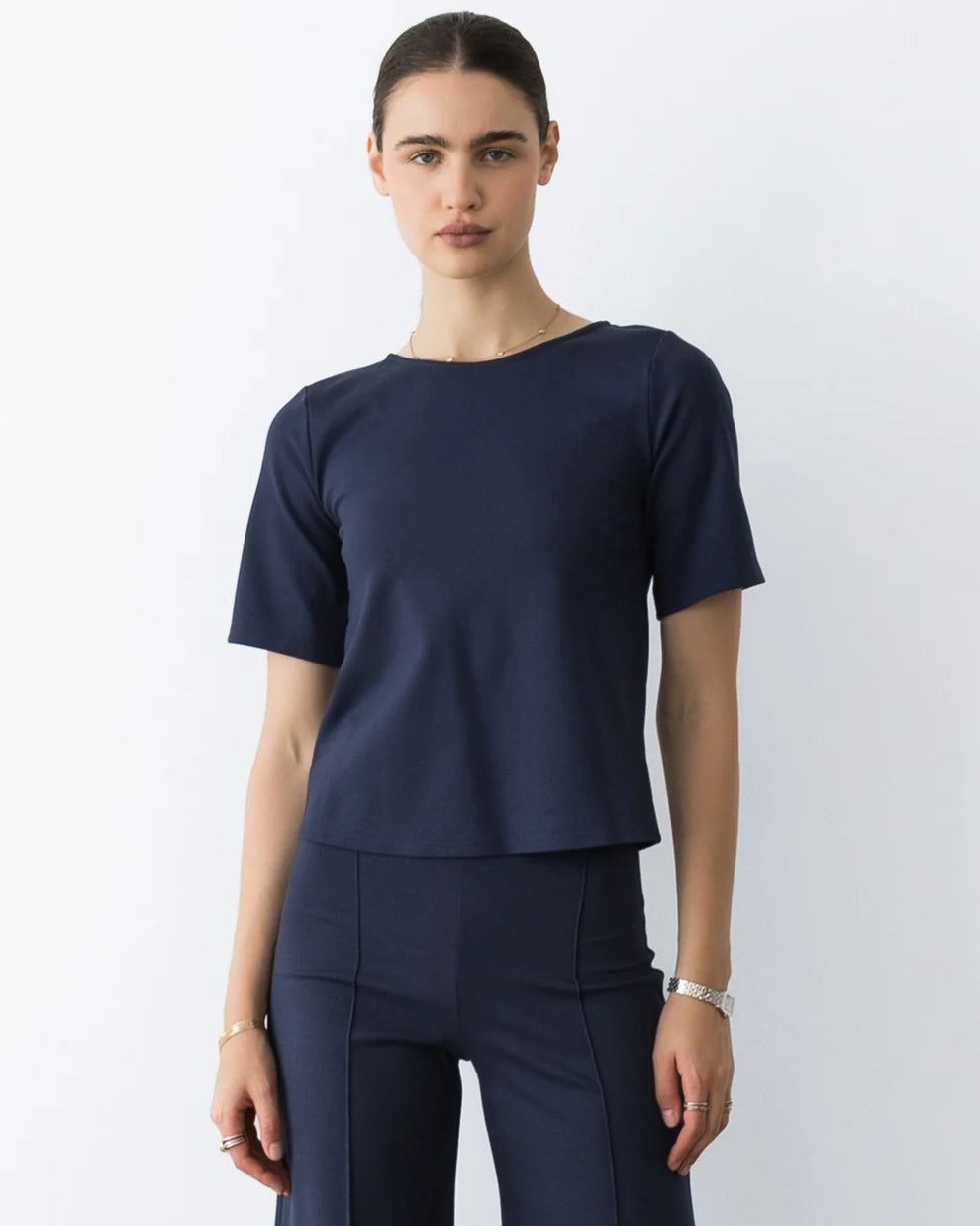 Ripley Rader Navy Ponte Knit Extended Short Sleeve Top
