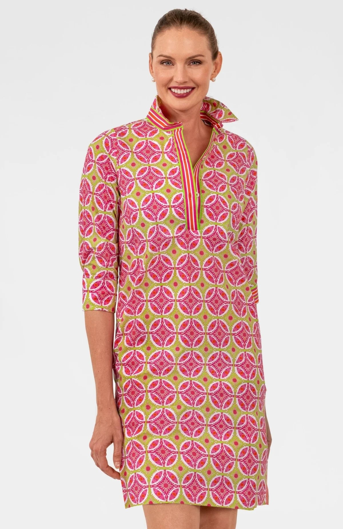Gretchen Scott Shirt Tail 2.0 Dress - Smell The Roses- Pink/Lime